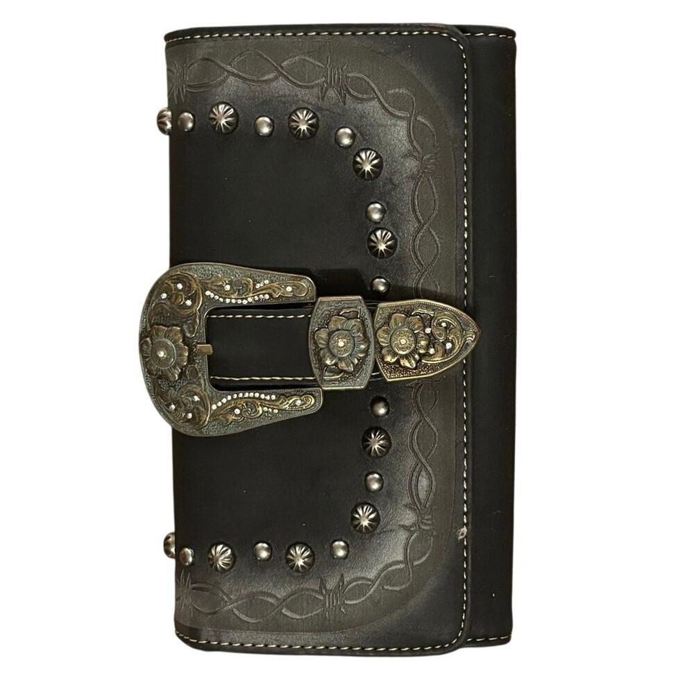 Montana West Western Cowgirl hardware black vegan suede women’s wallet billfold